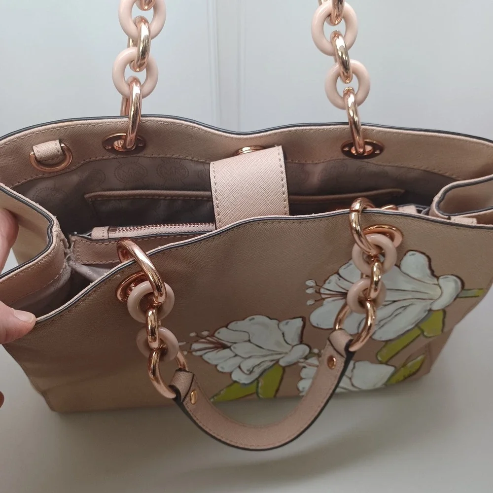 Michael Kors Cynthia Tote Neutral Tan Saffiano Leather Hand Painted Floral Bag